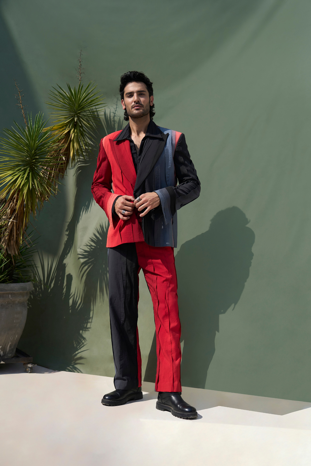 PLEATED RED INFERNO OMBRé SUIT