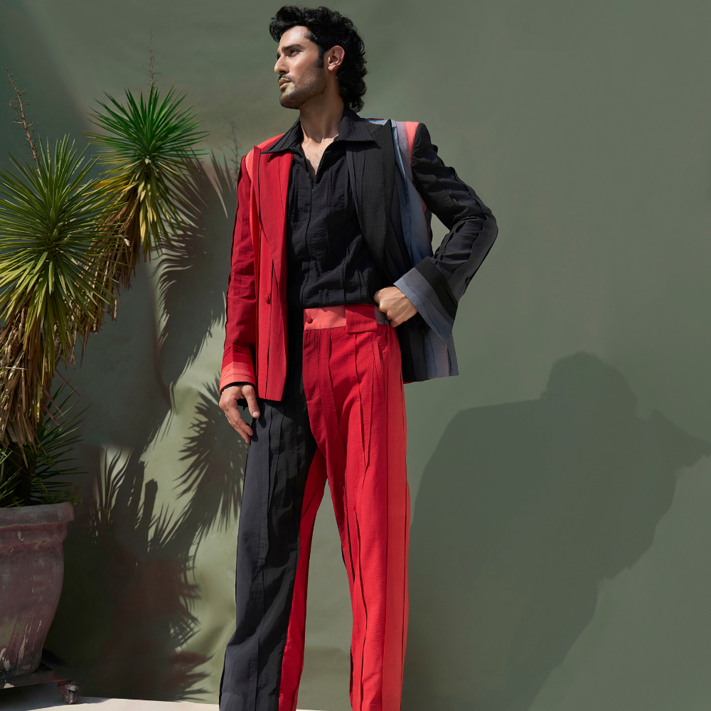 PLEATED RED INFERNO OMBRé SUIT