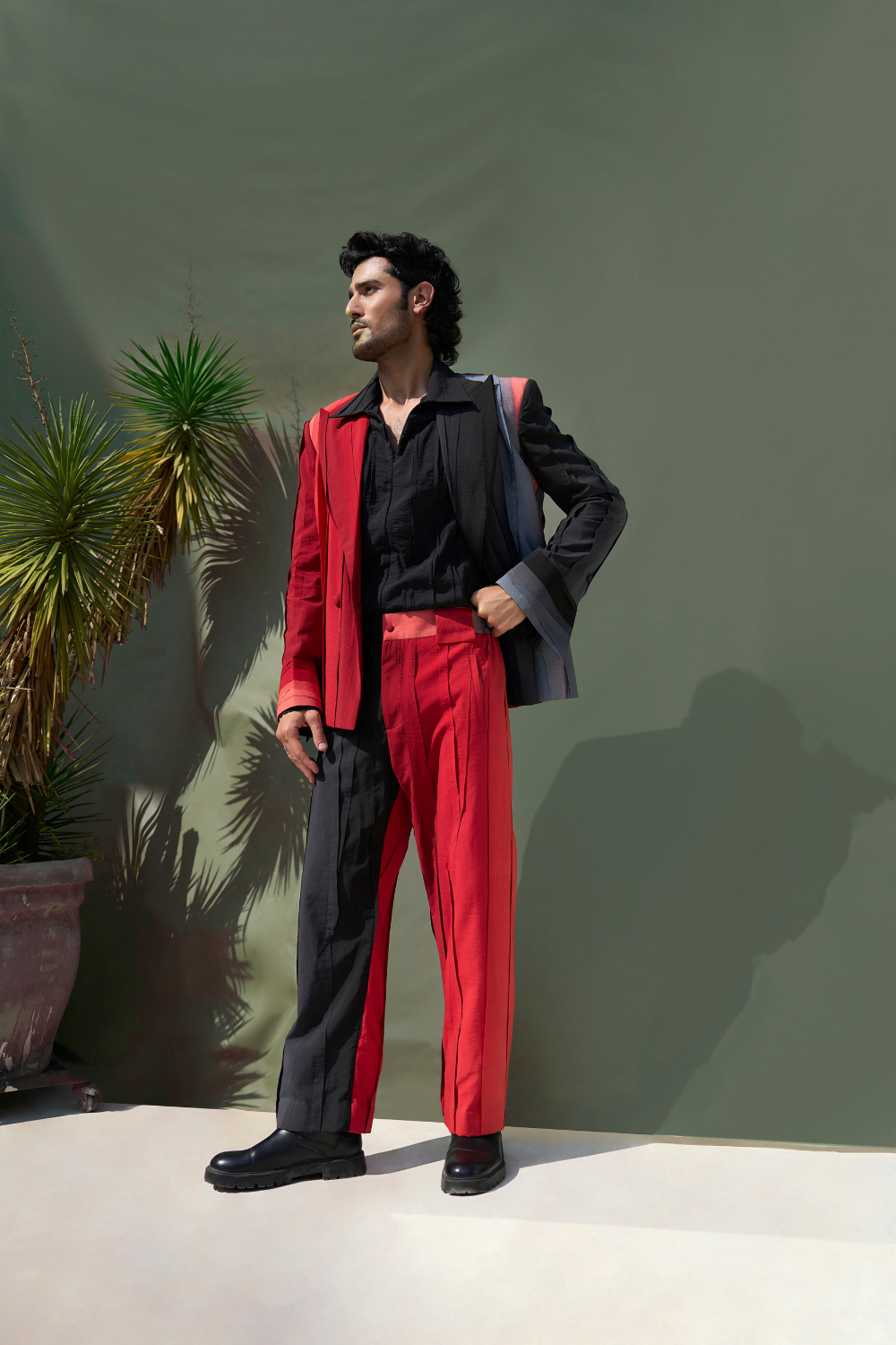 PLEATED RED INFERNO OMBRé SUIT