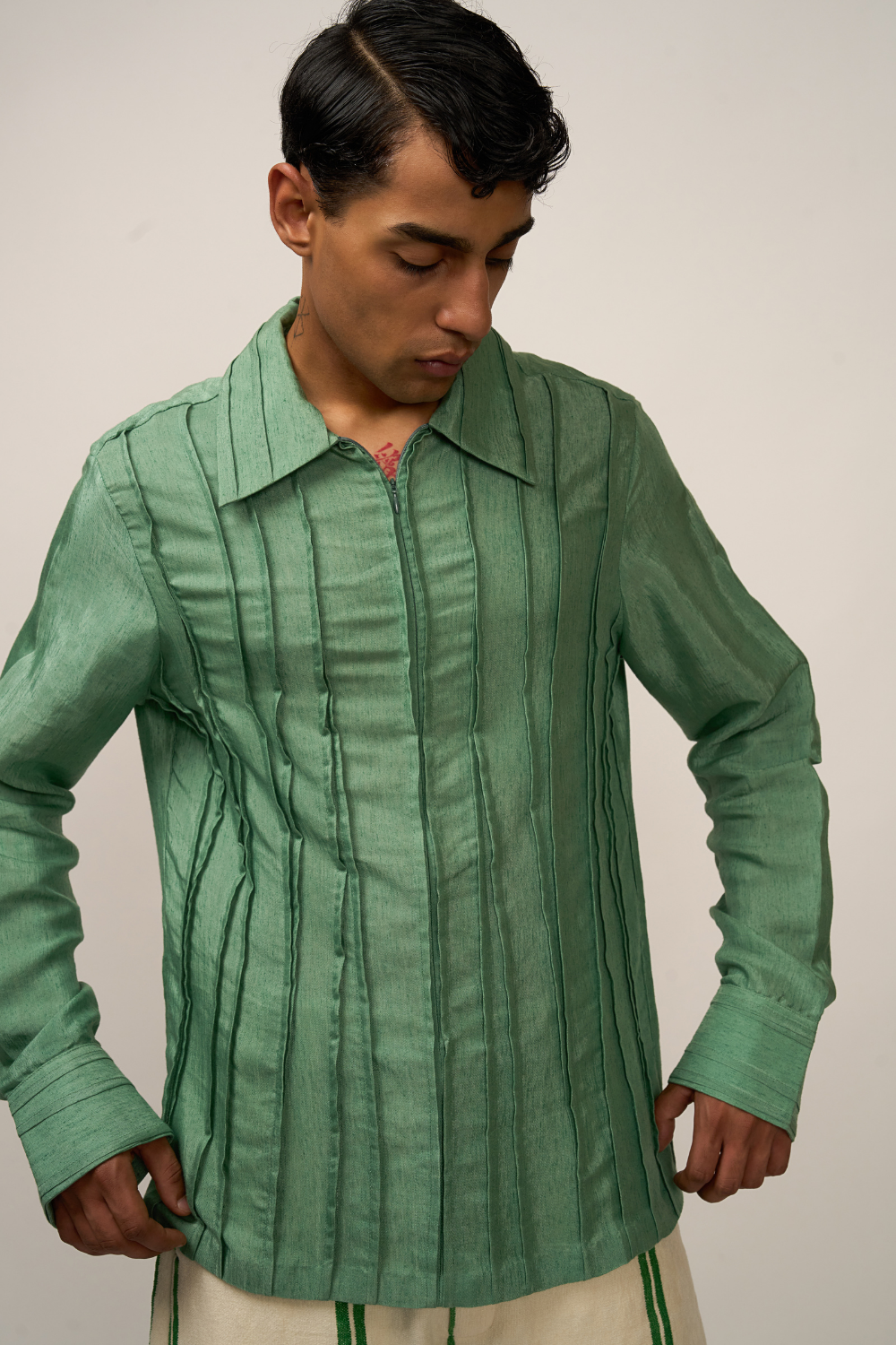 PLEATED SHIRT - SAGE GREEN