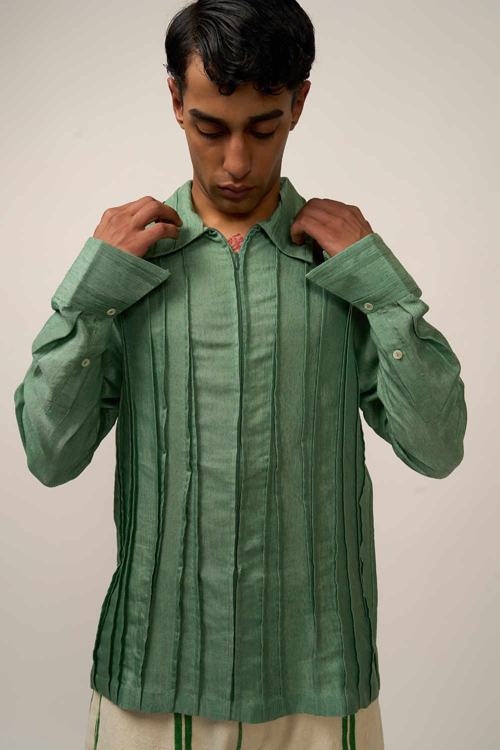 PLEATED SHIRT - SAGE GREEN