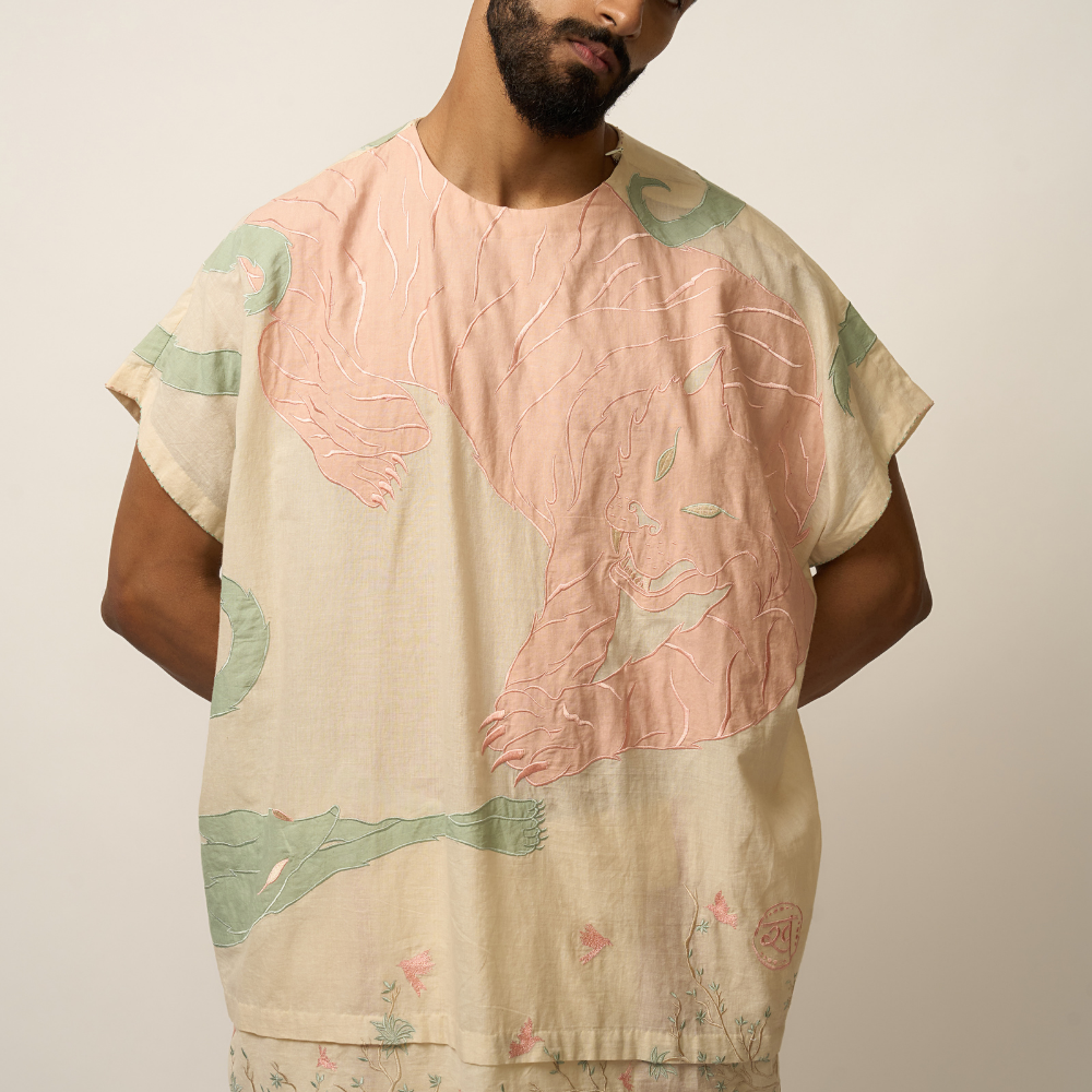 TIGER APPLIQUES KAFTAN SHIRT